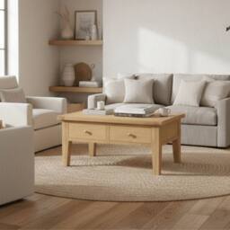 Home Source Melbourne Solid Wooden 2 Drawer Coffee Table Metal Handles Oak Top in Light Oak - thumbnail 1