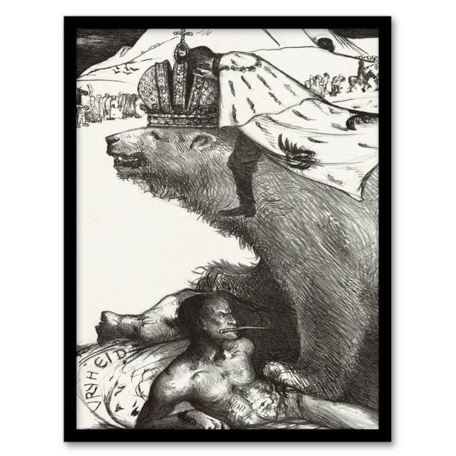 Artery8 Richard Roland Holst Framed Wall Art Tsar Nicholas II on the Russian Bear in White - Size: A4 - image 1