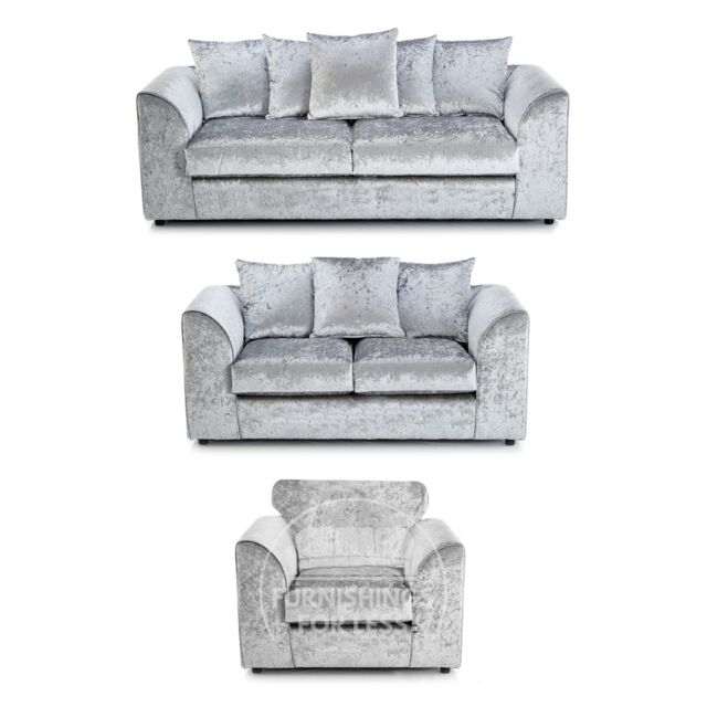 Furnishings For Less UK Crystal Crushed Velvet 6 Seater 3 Piece Sofa Suite - 3, 2 & Armchair Seater Scatter Back in Silver - image 1