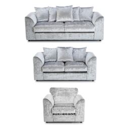Furnishings For Less UK Crystal Crushed Velvet 6 Seater 3 Piece Sofa Suite - 3, 2 & Armchair Seater Scatter Back in Silver - thumbnail 1