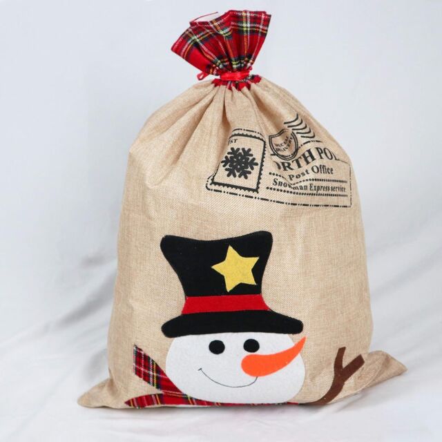 Shatchi Large Santa Sack Stocking Printed Pattern Burlap Hessian Linen Xmas Sock Hanging Gift Bags 70x50cm in Brown - Size: 70x50 cm - image 1