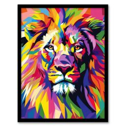 "Artery8 Lion Head Colourful Vibrant Geometric Design Framed Art Print - Size: W12"" x H16""" - thumbnail 1