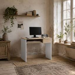 Wyld Haus Vali 80cm Oak Effect Compact Desk with Keyboard Tray & Drawer in White - thumbnail 1