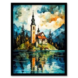 "Artery8 Wall Art Print Lake Bled Vibrant Artwork 17th Century Church On Slovenia Island Reflecting On Turquoise Water Art Framed - Size: W12"" x H16""" - thumbnail 1
