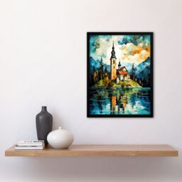 "Artery8 Wall Art Print Lake Bled Vibrant Artwork 17th Century Church On Slovenia Island Reflecting On Turquoise Water Art Framed - Size: W12"" x H16""" - thumbnail 4