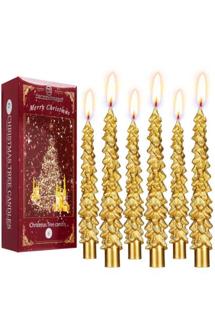 Deco Express Christmas Tree Candles Set of 6 Dinner Candles 7 Hr Burn Xmas Gift Set in Gold - image 1