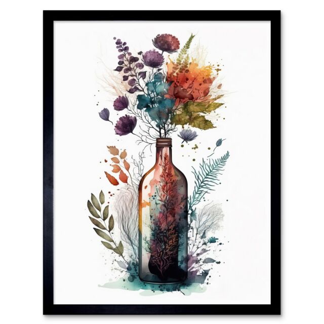 "Artery8 Wall Art Print Wine Bottle with Wildflower Floral Spring Bouquet Art Framed in Black - Size: W12"" x H16""" - image 1
