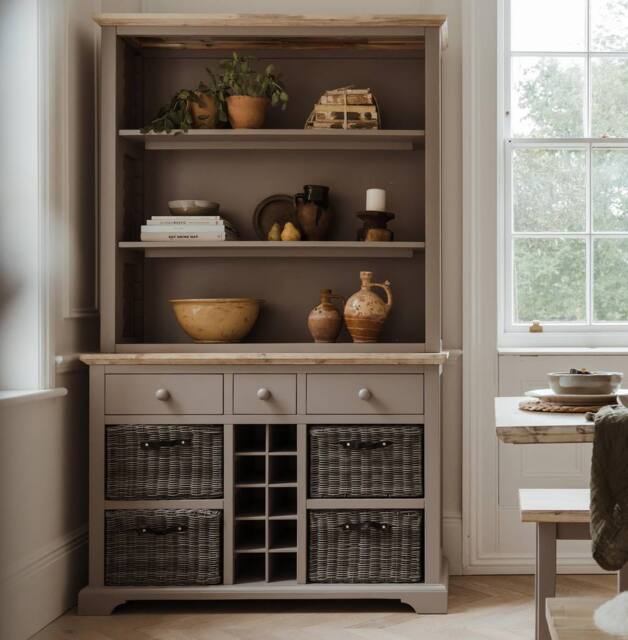 Statement Furniture Florence Display Cabinet With Shelves, Wine Rack & Storage Baskets in Light Grey - image 1