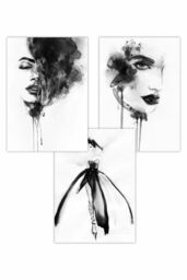 ARTZE Set of 3 Black White Watercolour Fashion Faces Art Posters - Size: W50 cm x H70 cm - thumbnail 1