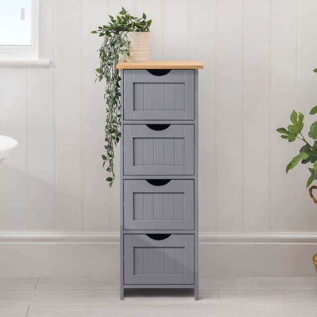 Christow Grey Bathroom Drawer Unit Floor Storage Cabinet With Bamboo Top 82cm - image 1