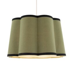 Happy Homewares Olive Green Linen Scallop Drum Lamp Shade with Black Cotton Trims - Size: 14 inches - thumbnail 2