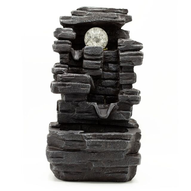 KDMD Tabletop Water Feature - 35cm - Slab Rocks Formation & Crystal Ball in Grey