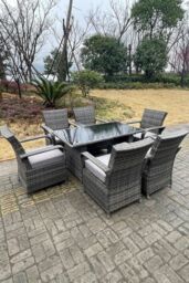 Fimous Rattan Dining Set Table & Chair Sets PE Wicker Patio Outdoor 6 Chairs Black Tempered Glass Table in Dark Grey - thumbnail 2