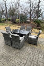 Fimous Rattan Dining Set Table & Chair Sets PE Wicker Patio Outdoor 6 Chairs Black Tempered Glass Table in Dark Grey - thumbnail 6