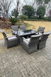 Fimous Rattan Dining Set Table & Chair Sets PE Wicker Patio Outdoor 6 Chairs Black Tempered Glass Table in Dark Grey