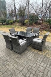 Fimous Rattan Dining Set Table & Chair Sets PE Wicker Patio Outdoor 6 Chairs Black Tempered Glass Table in Dark Grey - thumbnail 4