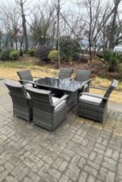 Fimous Rattan Dining Set Table & Chair Sets PE Wicker Patio Outdoor 6 Chairs Black Tempered Glass Table in Dark Grey - thumbnail 5