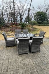 Fimous Rattan Dining Set Table & Chair Sets PE Wicker Patio Outdoor 6 Chairs Black Tempered Glass Table in Dark Grey - thumbnail 3