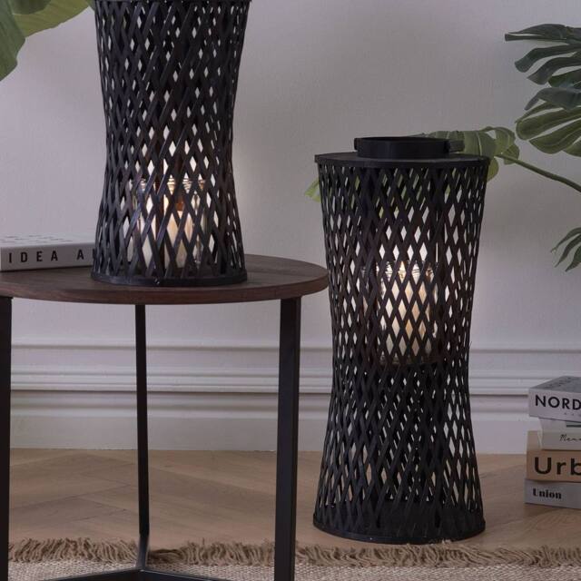 Wyld and Coco Boho Bamboo Candle Lantern Black 38 cm Handwoven Glass Candle Holder - image 1