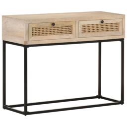 Berkfield Home Console Table 100x35x76 cm Solid Mango Wood & Natural Cane in White - Size: 100 x 35 x 76 cm - thumbnail 1