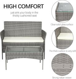 Alivio 4-Piece Rattan Patio Furniture Set with Loveseat, Armchairs & Glass Coffee Table in Grey - thumbnail 4