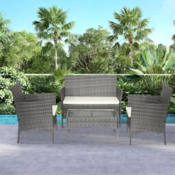Alivio 4-Piece Rattan Patio Furniture Set with Loveseat, Armchairs & Glass Coffee Table in Grey - thumbnail 9