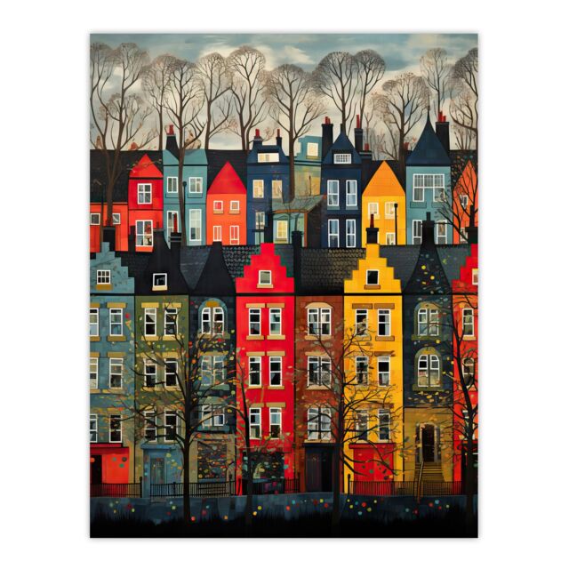 "Artery8 Townhouse Row Bright Coloured Streets City Autumn Modern Painting Extra Large XL Unframed Wall Art Poster Print - Size: W24"" x H32""" - image 1