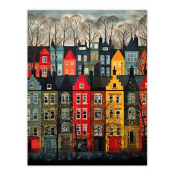"Artery8 Townhouse Row Bright Coloured Streets City Autumn Modern Painting Extra Large XL Unframed Wall Art Poster Print - Size: W24"" x H32""" - thumbnail 1