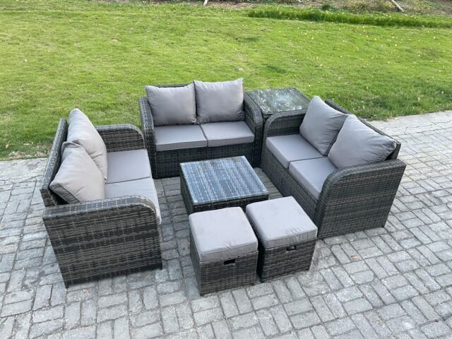 Fimous Outdoor Garden Furniture Sets 8 Seater Wicker Rattan Furniture Sofa Sets with Square Coffee Table Love seat Sofa 2 Small Footstools - image 1
