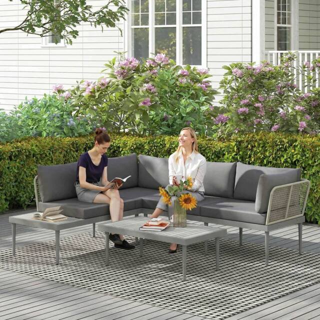 OUTSUNNY 4 Seater Wicker Outdoor Corner Sofa Set with 2 Loveseats Grey - image 1