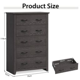 Costway 5 Drawer Dresser Vertical Chest of Drawers Wooden Storage Dresser Organizer in Grey - thumbnail 2