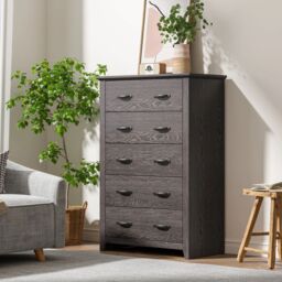 Costway 5 Drawer Dresser Vertical Chest of Drawers Wooden Storage Dresser Organizer in Grey - thumbnail 3