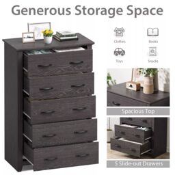 Costway 5 Drawer Dresser Vertical Chest of Drawers Wooden Storage Dresser Organizer in Grey - thumbnail 5