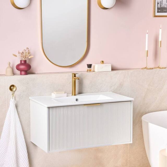 Wyld and Coco 80cm Wall-Mounted Vanity with White Ceramic Basin and Gold Handle - image 1