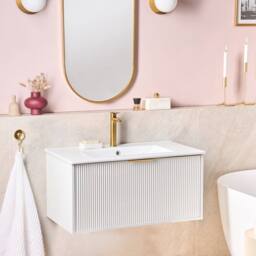 Wyld and Coco 80cm Wall-Mounted Vanity with White Ceramic Basin and Gold Handle - thumbnail 1