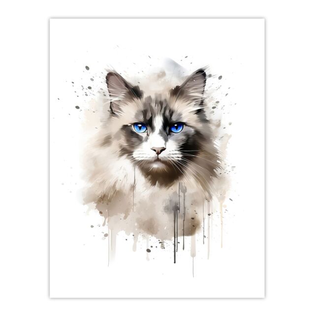 "Artery8 Wall Art Print Grey Point Ragdoll Cat Blue Eyes Lovers Gift Watercolour Pet Portrait Painting Artwork Poster - Size: W12"" x H16""" - image 1