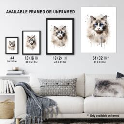"Artery8 Wall Art Print Grey Point Ragdoll Cat Blue Eyes Lovers Gift Watercolour Pet Portrait Painting Artwork Poster - Size: W12"" x H16""" - thumbnail 3