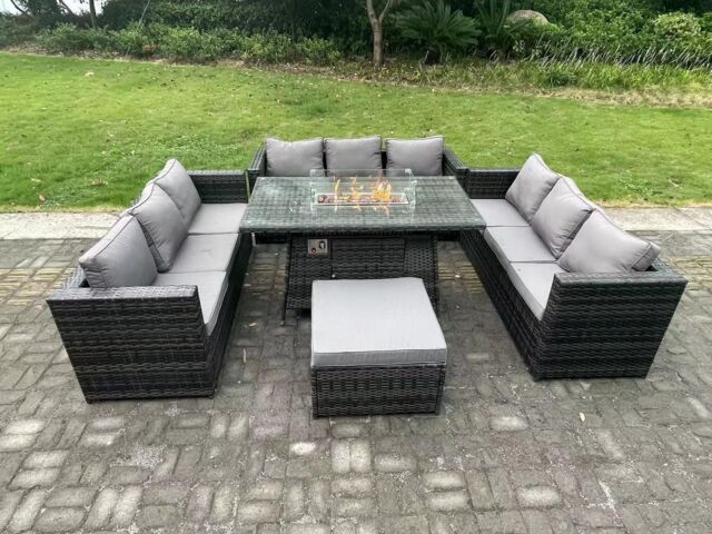 Fimous Rattan Garden Furniture Sofa Set Outdoor Patio Gas Fire Pit Dining Table Gas Heater Burner 10 Seater in Dark Grey - image 1