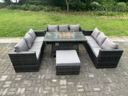Fimous Rattan Garden Furniture Sofa Set Outdoor Patio Gas Fire Pit Dining Table Gas Heater Burner 10 Seater in Dark Grey - thumbnail 1