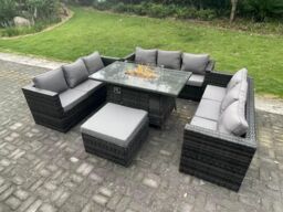 Fimous Rattan Garden Furniture Sofa Set Outdoor Patio Gas Fire Pit Dining Table Gas Heater Burner 10 Seater in Dark Grey - thumbnail 3