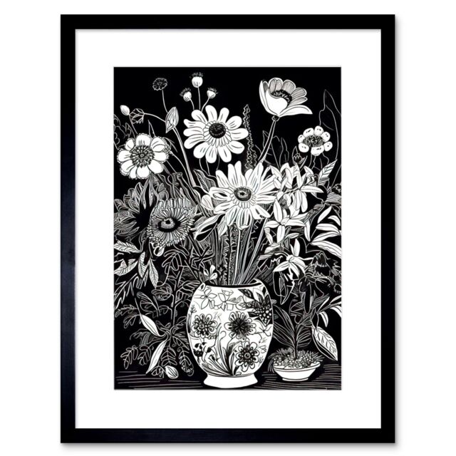"Artery8 Wall Art Print Flower Bouquet Vase Black & White Blind Contour Artwork Framed 9X7 Inch - Size: W7"" x H9""" - image 1