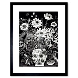 "Artery8 Wall Art Print Flower Bouquet Vase Black & White Blind Contour Artwork Framed 9X7 Inch - Size: W7"" x H9""" - thumbnail 1