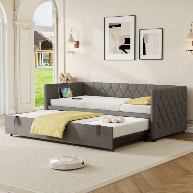 Matteo 3ft Single Upholstered Daybed Sofa Bed with Pull-Out Trundle in Grey - image 1
