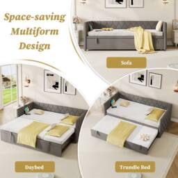 Matteo 3ft Single Upholstered Daybed Sofa Bed with Pull-Out Trundle in Grey - thumbnail 8