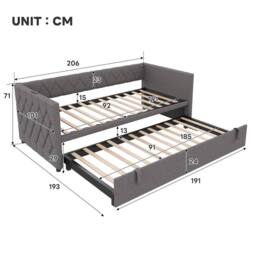 Matteo 3ft Single Upholstered Daybed Sofa Bed with Pull-Out Trundle in Grey - thumbnail 4