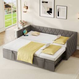 Matteo 3ft Single Upholstered Daybed Sofa Bed with Pull-Out Trundle in Grey - thumbnail 2