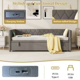 Matteo 3ft Single Upholstered Daybed Sofa Bed with Pull-Out Trundle in Grey - thumbnail 9