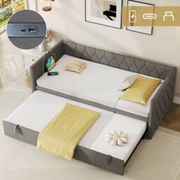 Matteo 3ft Single Upholstered Daybed Sofa Bed with Pull-Out Trundle in Grey - thumbnail 3