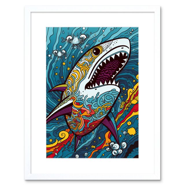 "Artery8 Wall Art Print Shark Acrylic Painting Colourful Psychedelic Patterns Aquatic Animal Pop Artwork Framed 9X7 Inch in White - Size: W7"" x H9""" - image 1