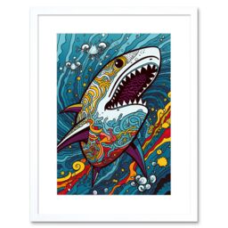 "Artery8 Wall Art Print Shark Acrylic Painting Colourful Psychedelic Patterns Aquatic Animal Pop Artwork Framed 9X7 Inch in White - Size: W7"" x H9""" - thumbnail 1